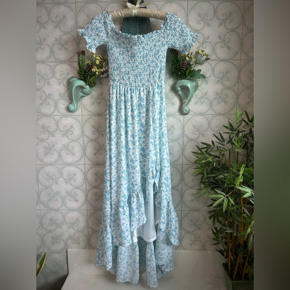 Altar’d State Blue Floral Smocked Maxi Dress Boho Cottagecore Ruffle Hem Size S